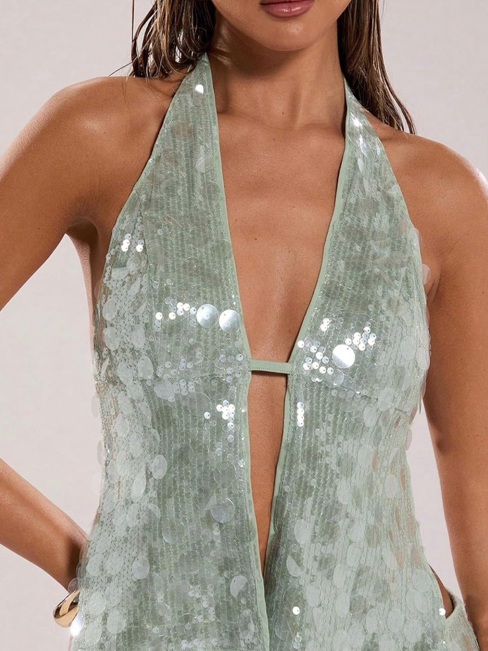 Green Sequin Backless Halter Top